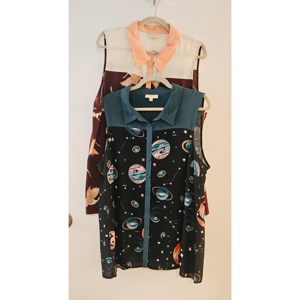 Lot of 2 Modcloth, Size 2X, Sleevesless Blouses, Space, Cranes, Collared PERFECT